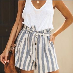 &Merci - Striped High Waisted Linen Paperbag Shorts (Medium)